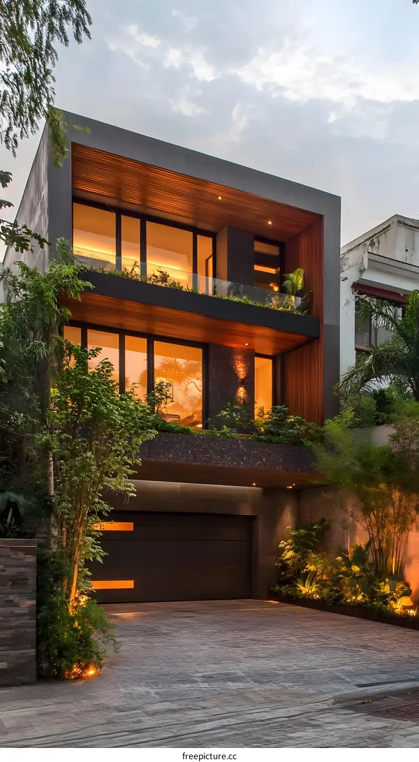 Modern House with Wooden Accents and Green Landscaping