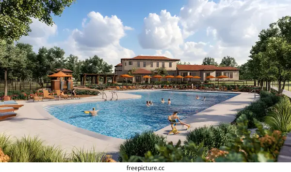 Swimming Pool and Resort with People in the Water