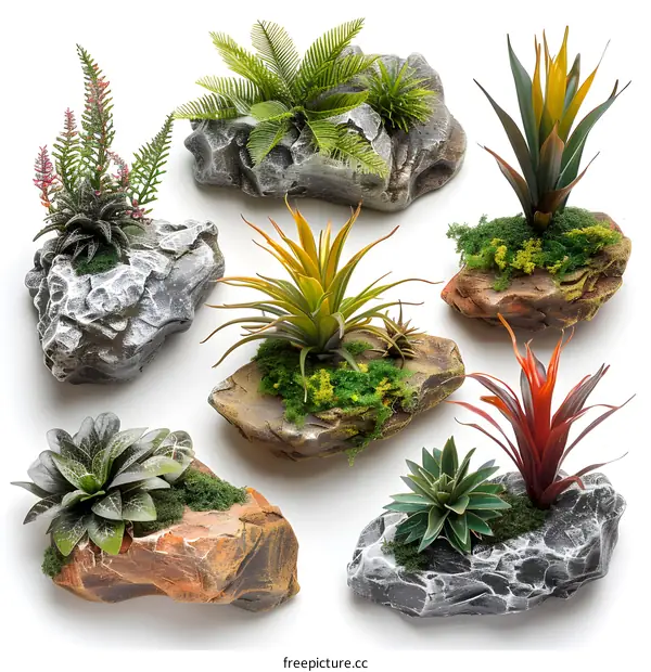 Artificial plants in pots made of stone