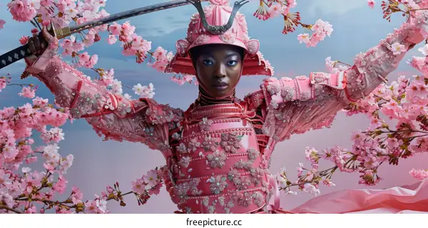 Black woman in pink samurai armor stands in front of cherry blossoms