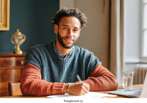 Smiling Black Man Writing at a Table