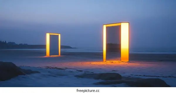 Two Glowing Golden Gateways on a Sandy Beach at Dusk