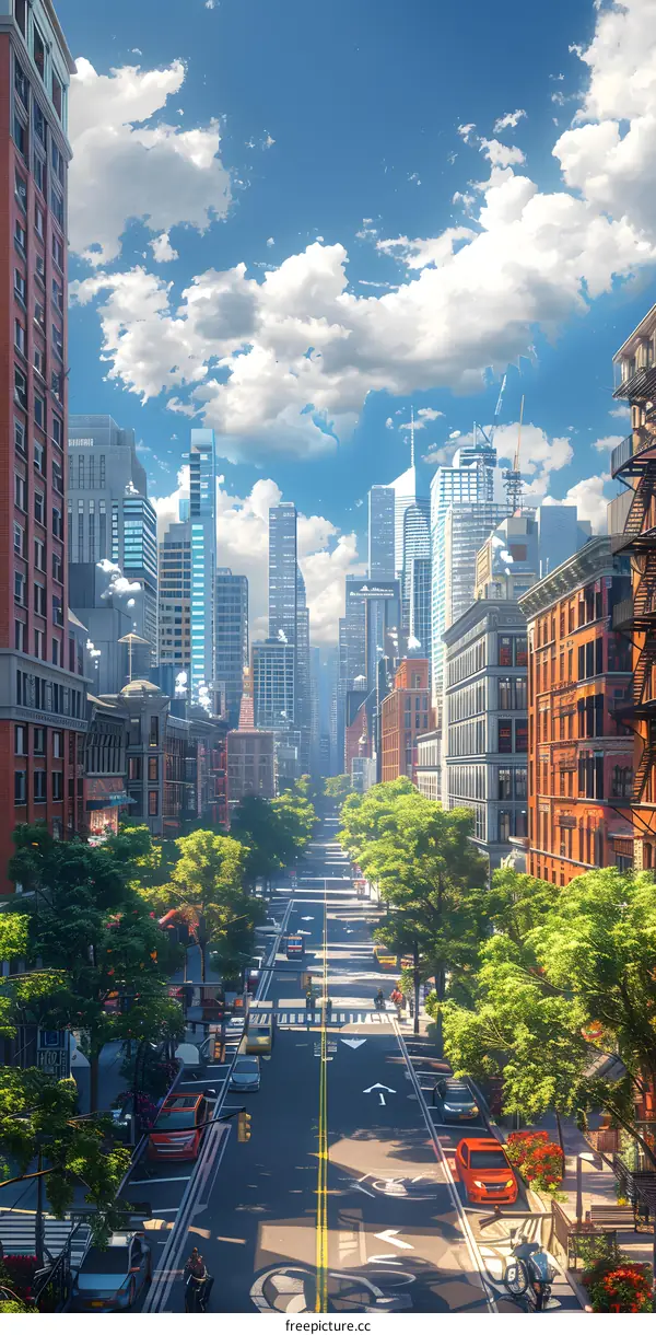 A wide and long street in a modern city with skyscrapers on both sides, green trees on both sides of the road, and white clouds in the blue sky