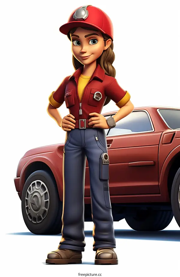 A female mechanic standing in front of a red car