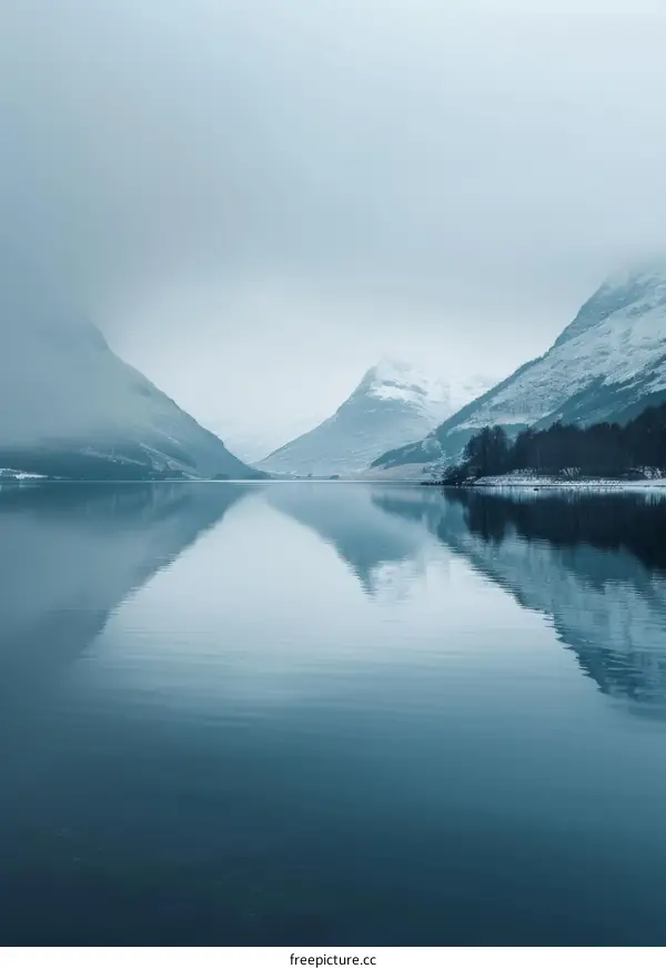 Misty mountains and calm lake