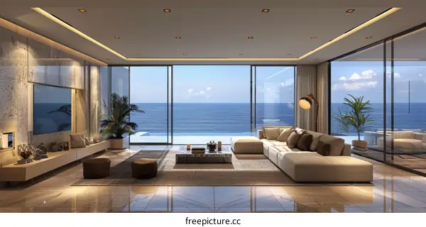 Modern, minimalist sea view living room