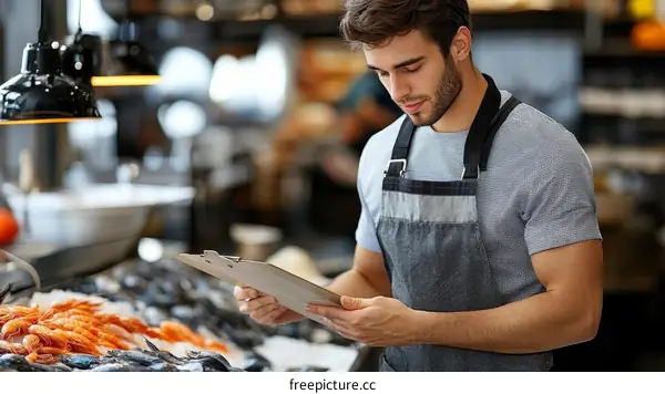 Seafood Market Worker Checking Inventory