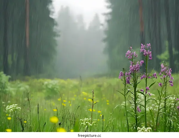 Rain Shower in Forest Meadow