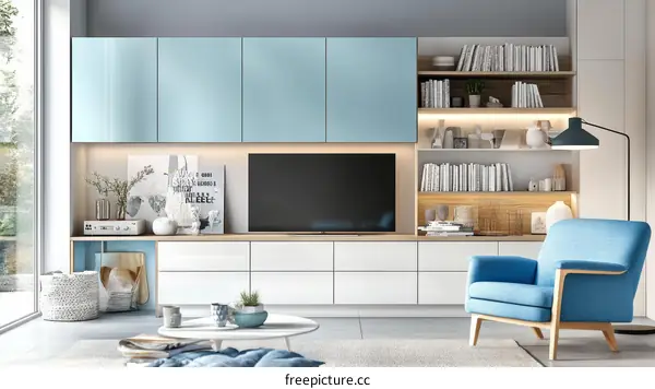 Modern Living Room with Light Blue Cabinets and a Cozy Chair