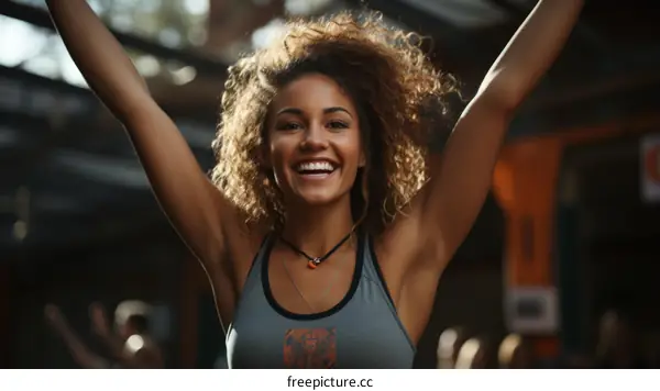 Ecstatic black woman with arms raised in victory