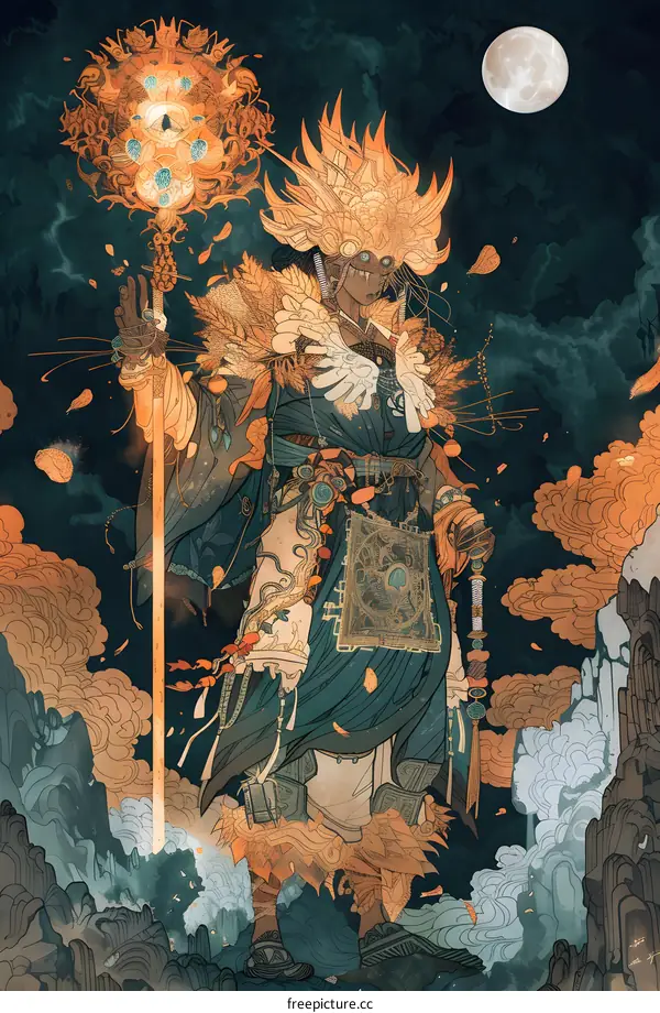 Mystical Figure With Golden Crown and Staff