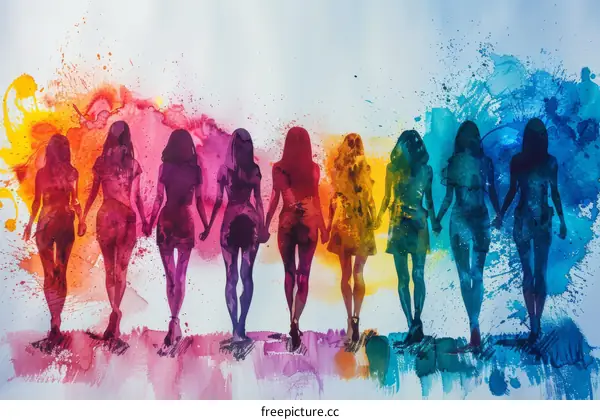 A group of diverse women holding hands in front of a colorful background