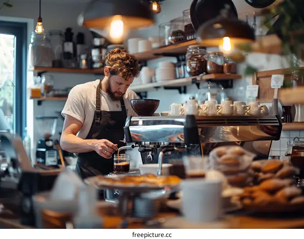 Barista making coffee with an espresso machine in a coffee shop