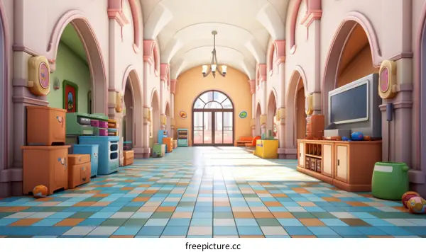 A brightly colored hallway with arched doorways and a tiled floor