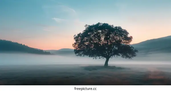 Lonely Tree Silhouette at Sunset in the Misty Field