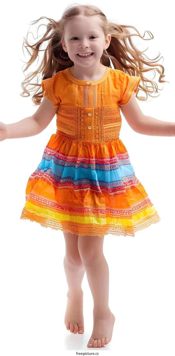 Little girl with long blond hair wearing orange dress is jumping