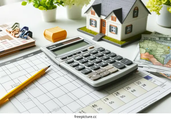 A calculator, a pencil, a notebook, some money, and a model house on a table