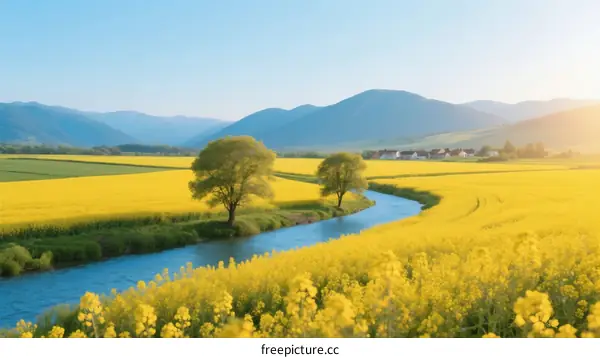 Golden Rape Fields with River and Rolling Hills in Spring