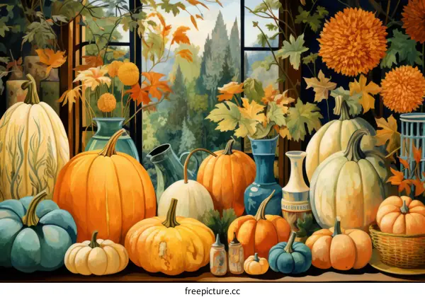 A still life illustration of autumnal pumpkins and gourds on a table in front of a window