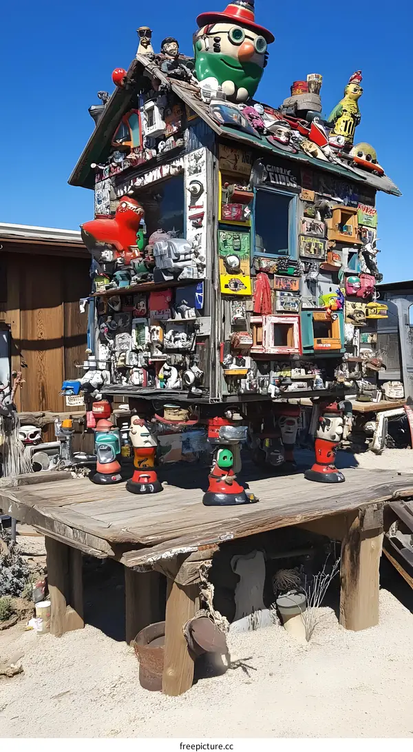A Colorful and Quirky House Sculpture Made of Found Objects