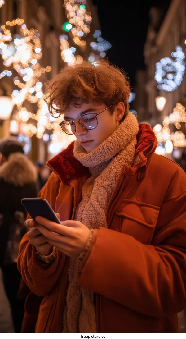 Young Man Using Smartphone in Festive Night