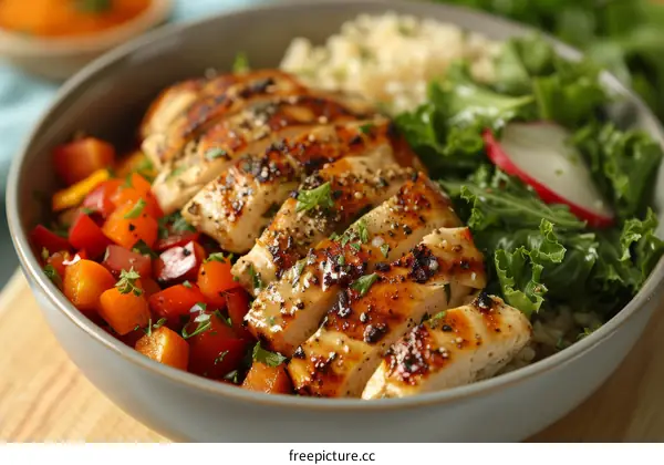 Grilled chicken breast with roasted vegetables and brown rice