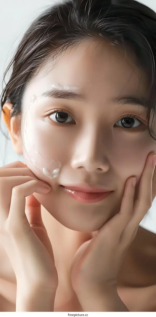 Asian Woman Applying Facial Treatment