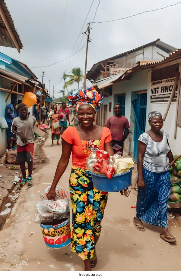 African Woman Carrying Goods In A Street Market