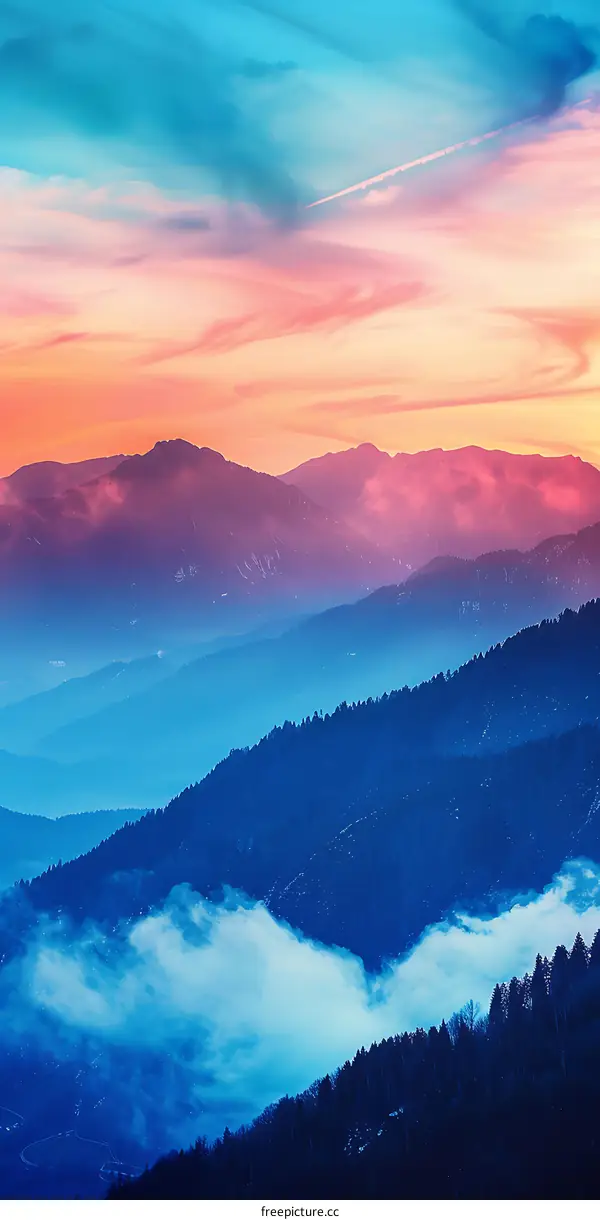 Mountain Ranges with Pink and Blue Sky