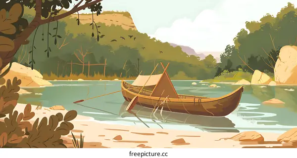 Canoe on a River in a Lush Forest
