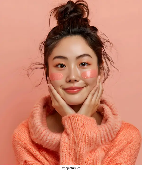 Smiling Asian Woman Wearing a Pink Sweater with Pink Face Mask