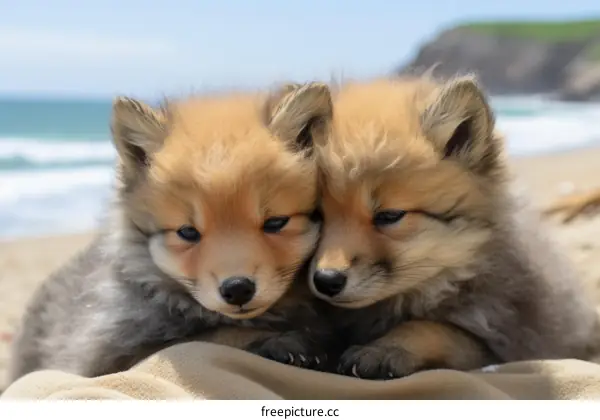 Two Adorable Pomeranian Puppies Cuddled Together on a Blanket at the Beach