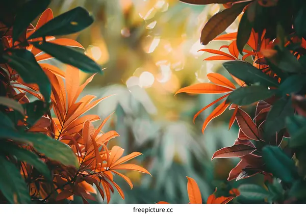 Green and Orange Leaves with Sunlight