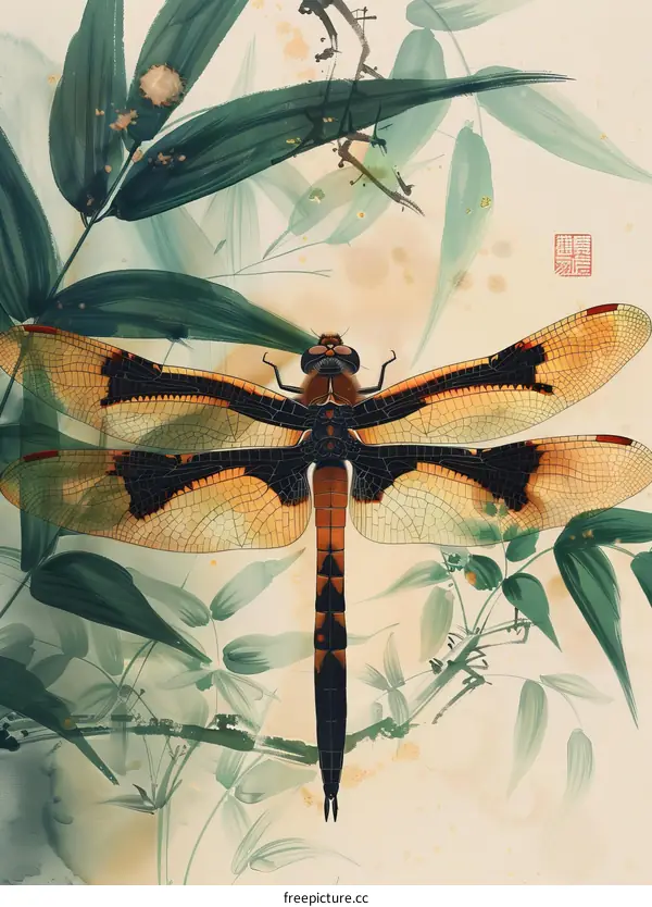 A dragonfly perches on a bamboo stalk