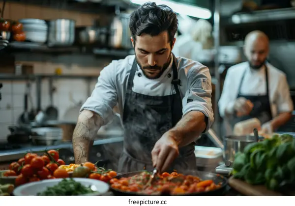Focused male chef cooking in a commercial kitchen