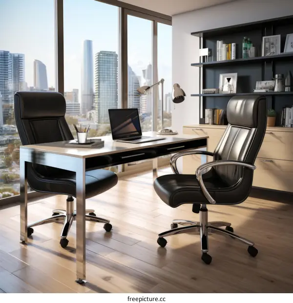 Two Black Leather Office Chairs with City View