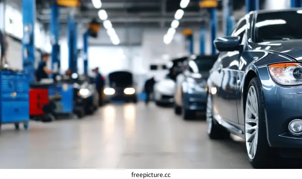 Cars in a Busy Auto Repair Shop