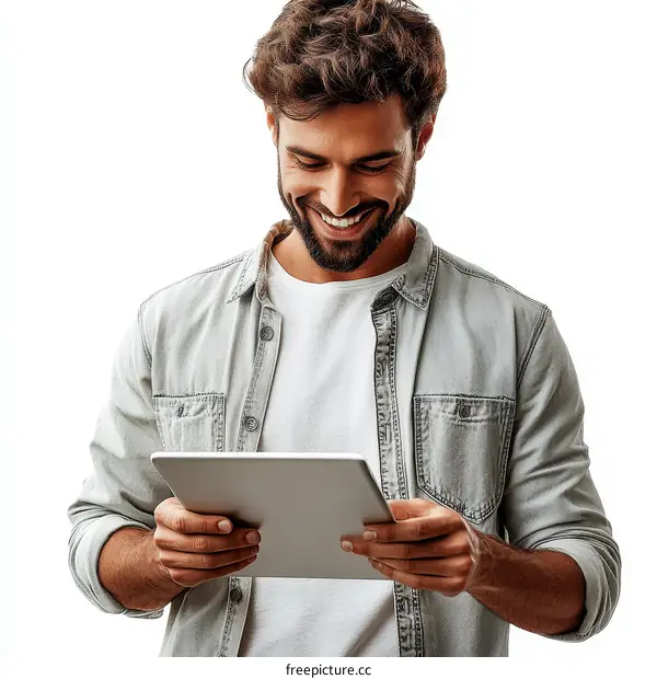 Smiling Man Reading on Tablet