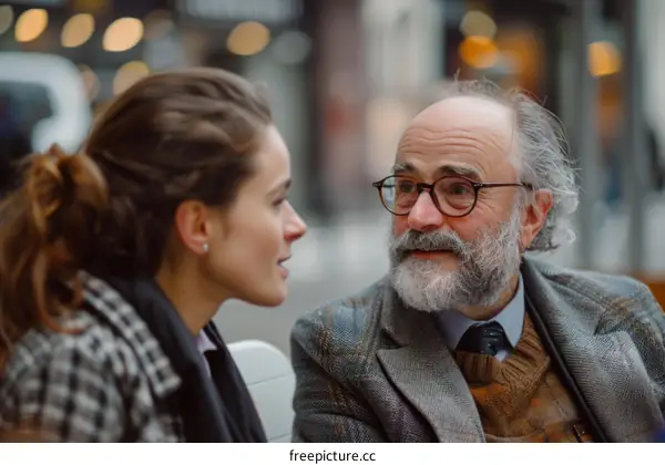 An old man and a young woman are talking on a bench