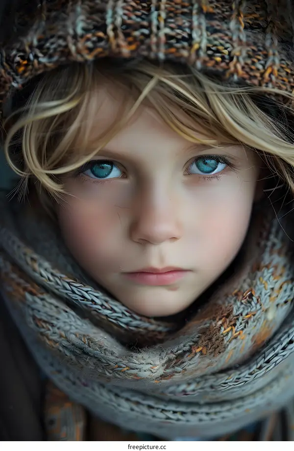 Portrait of a young boy with blue eyes and blond hair wearing a brown and gray knit hat and scarf
