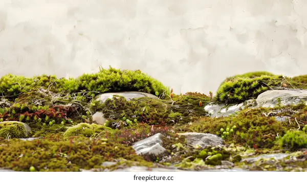 Green Moss Covered Stone With Concrete Wall Background