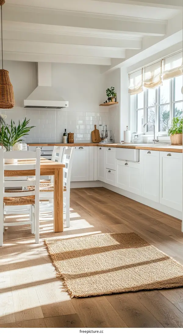 Modern White Kitchen with Natural Rug