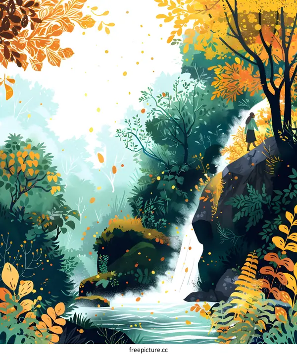 Autumn Waterfall With Woman And Falling Leaves