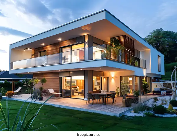 Modern House With Wooden Deck And Glass Railings