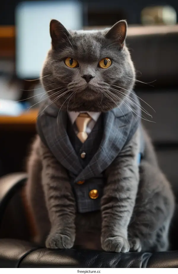 A gray cat wearing a suit and tie is sitting in a leather chair and looking at the camera