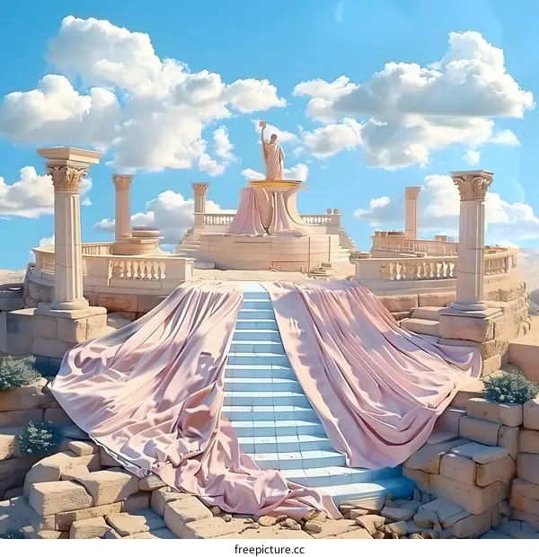 Pink Draped Staircase Leading to a Stone Platform
