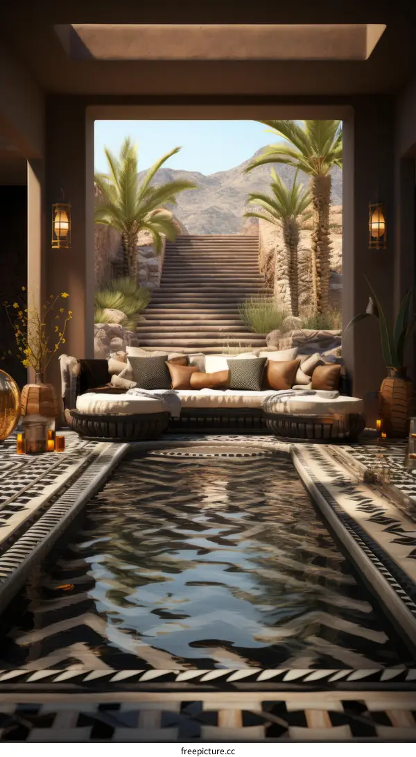 Courtyard with swimming pool and stairs leading to a higher terrace