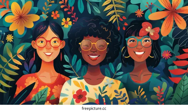 Three happy diverse women with glasses in a lush garden