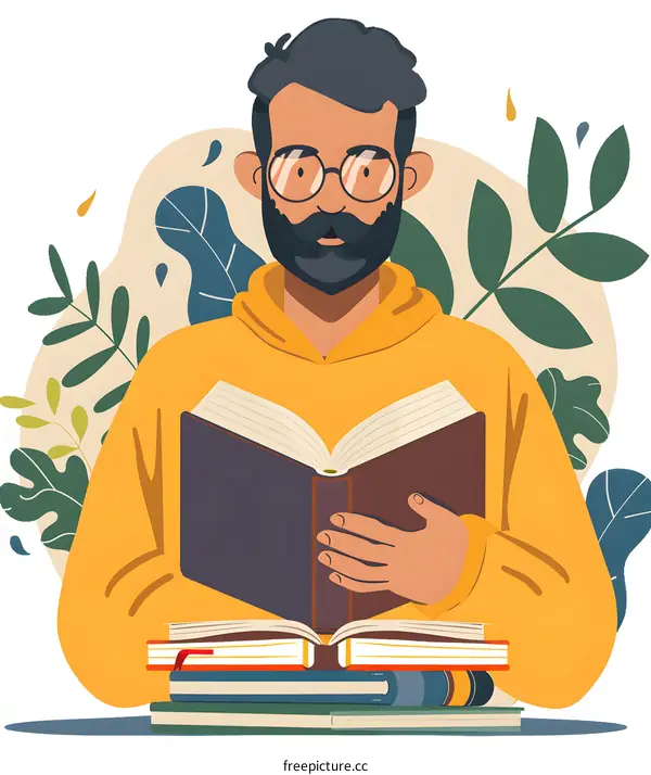 Man Reading a Book with a Yellow Hoodie and Glasses