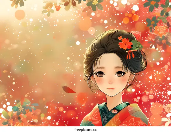 A beautiful Japanese woman in a kimono standing in a field of red flowers.